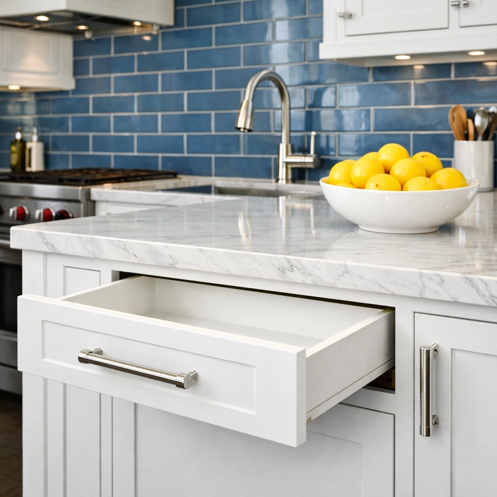 Spotless empty kitchen cabinets and marble counters showing house deep cleaned before moving in.