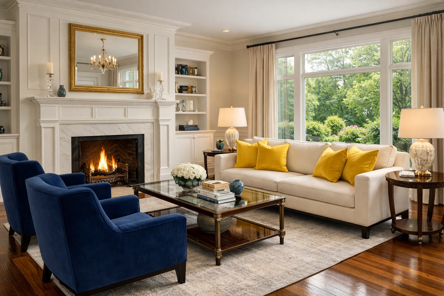 A perfectly clean and organized luxury living room in Lexington, MA, following professional service.