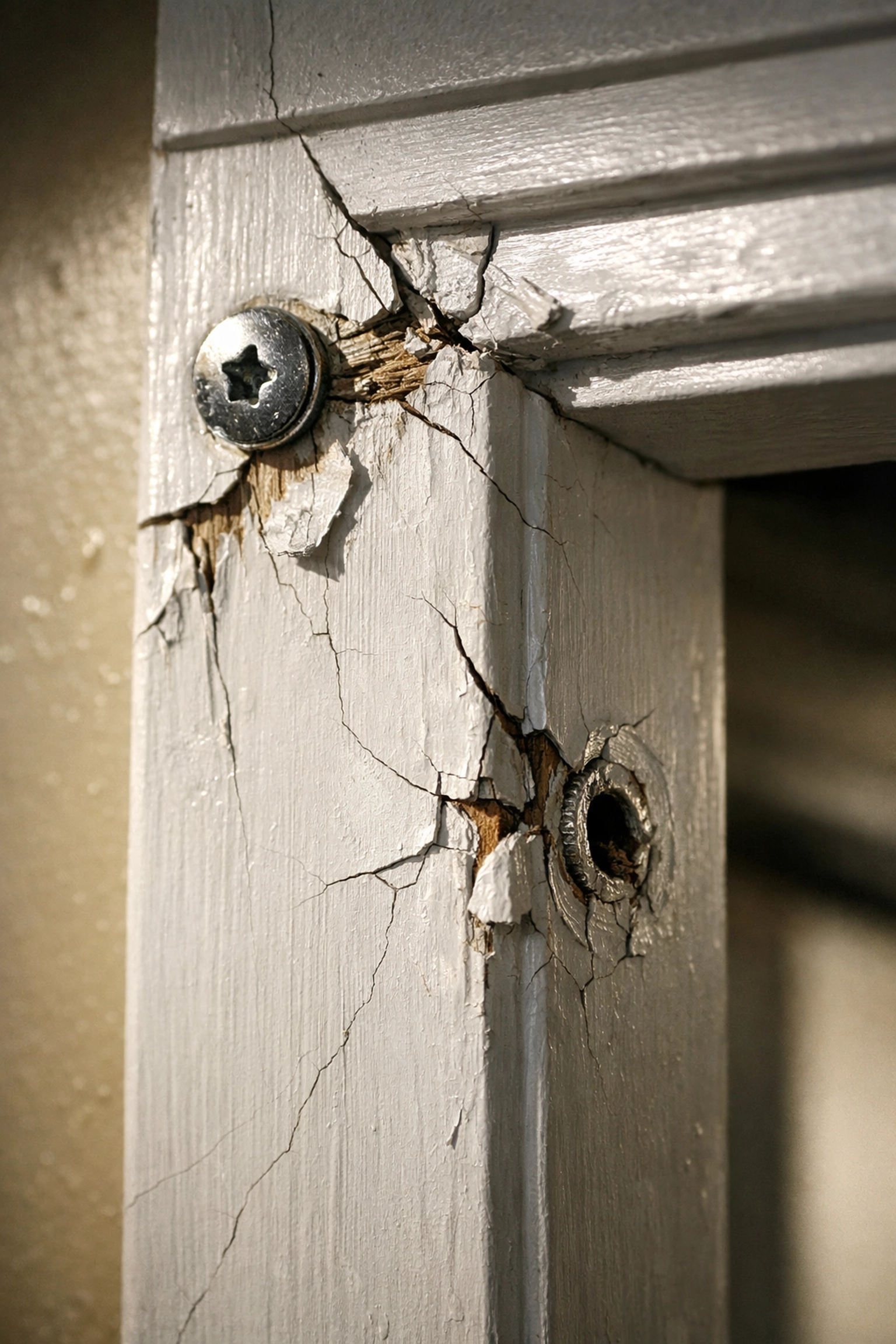 Door frame stress cracks and damage from doorway pull-up bar installation