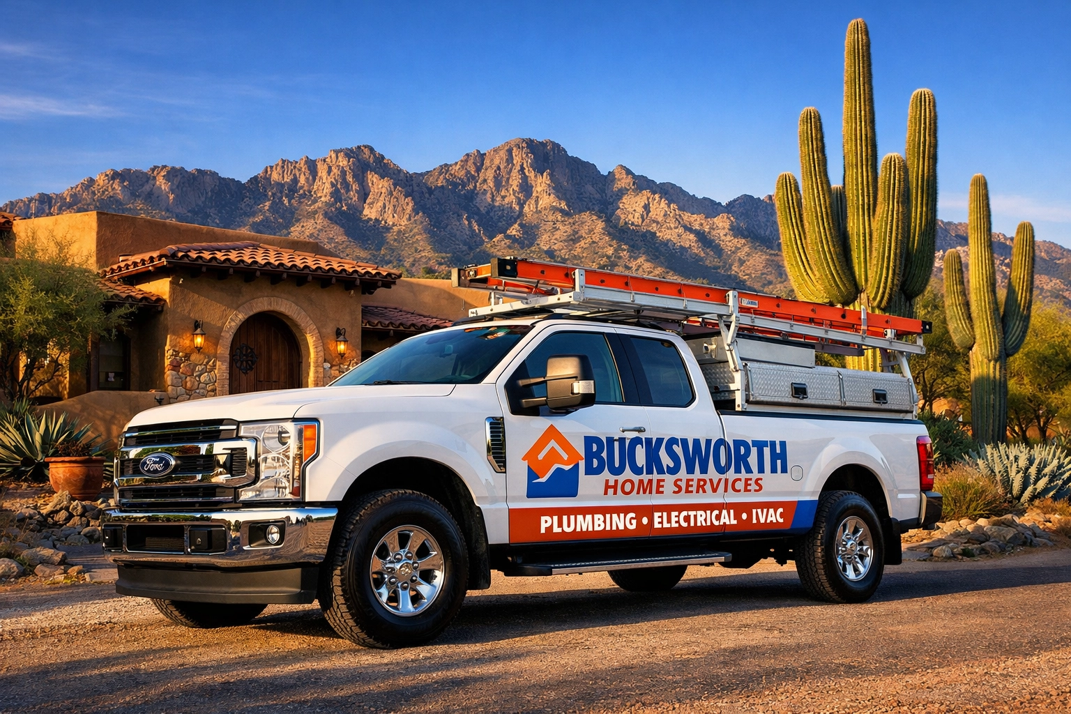 Bucksworth Home Services truck providing plumbing and water heater replacement services in a Tucson neighborhood.