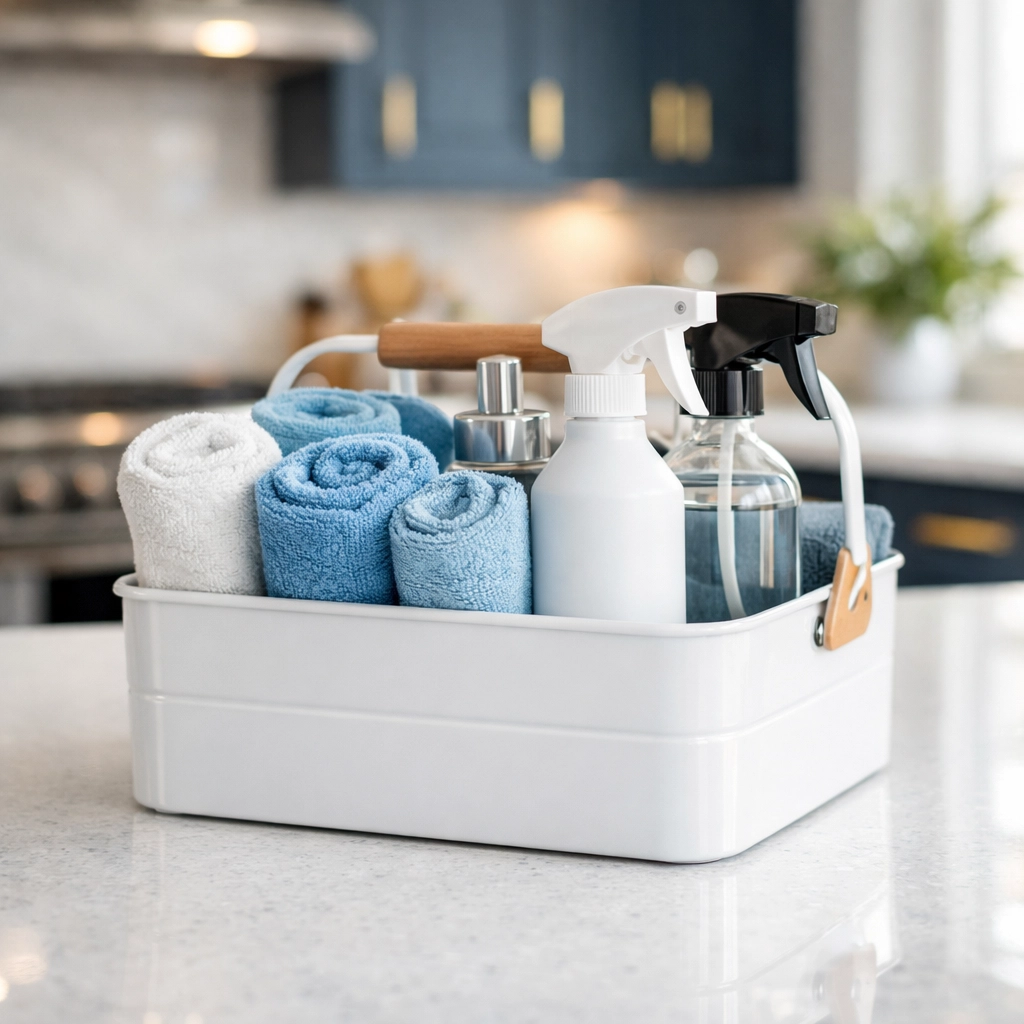 Organized cleaning caddy with professional tools on a clean quartz kitchen counter.