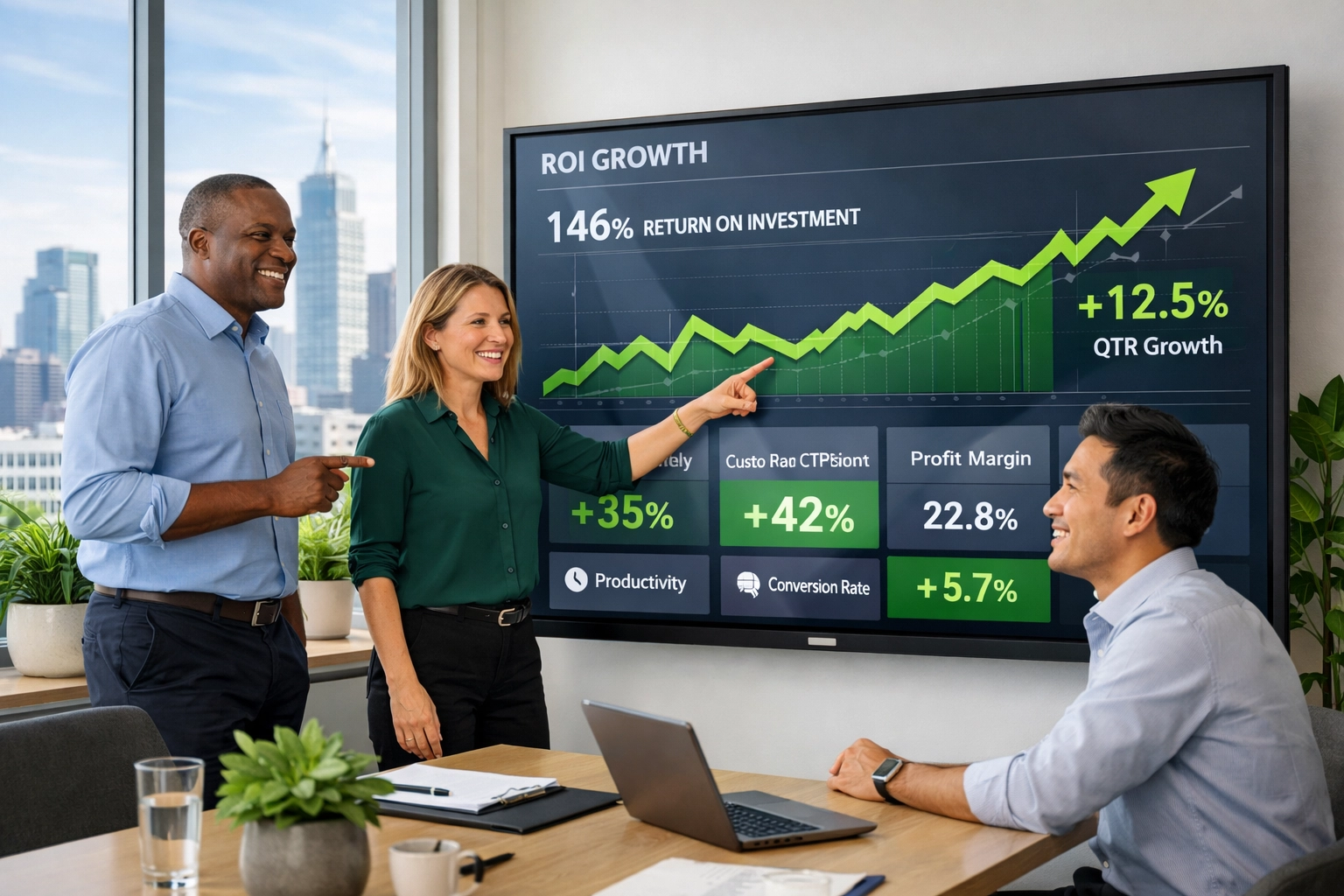 Business team reviewing ServiceNow implementation partner ROI metrics and performance data