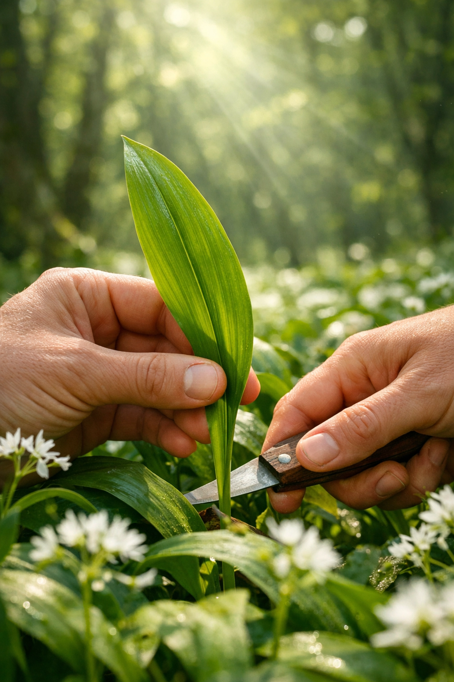 Hands carefully foraging wild garlic leaves sustainably during a wild camping guided UK trip.