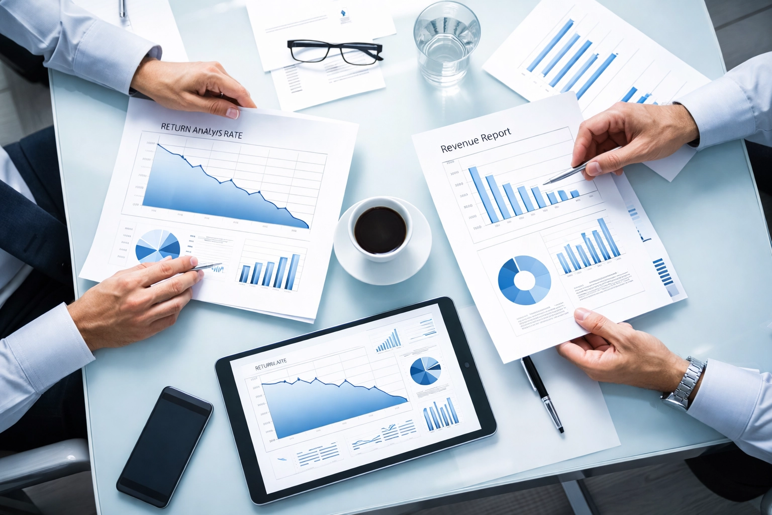Business meeting with financial reports and analytics charts tracking ACH return rates
