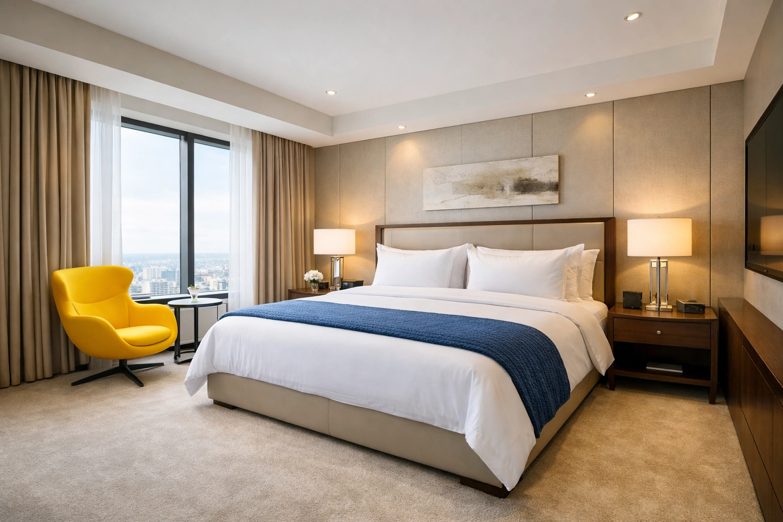 A serene, professionally cleaned master bedroom with white linens and blue accents, offering complete peace of mind.