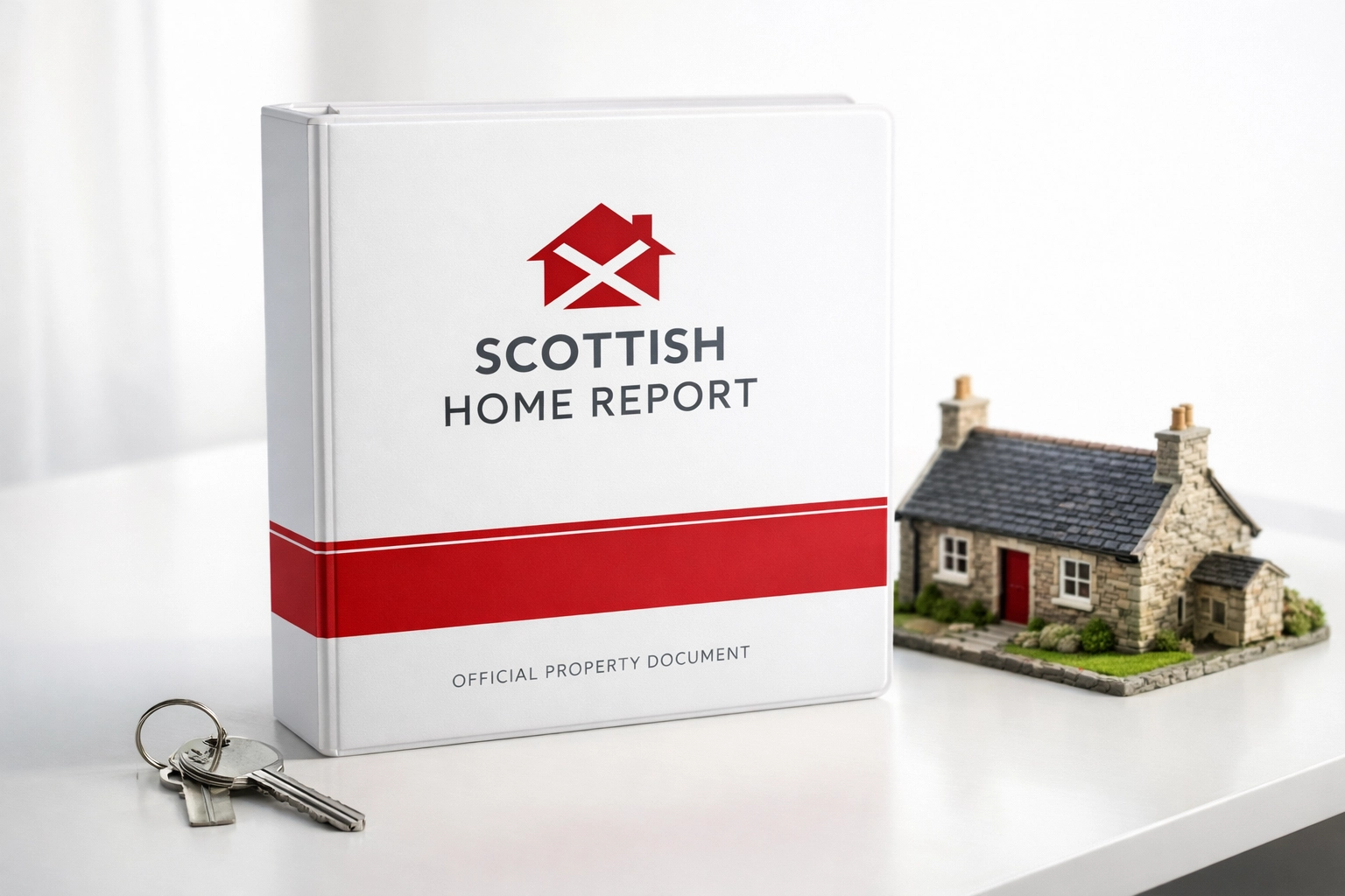Home Report folder with house keys and Scottish cottage model on desk