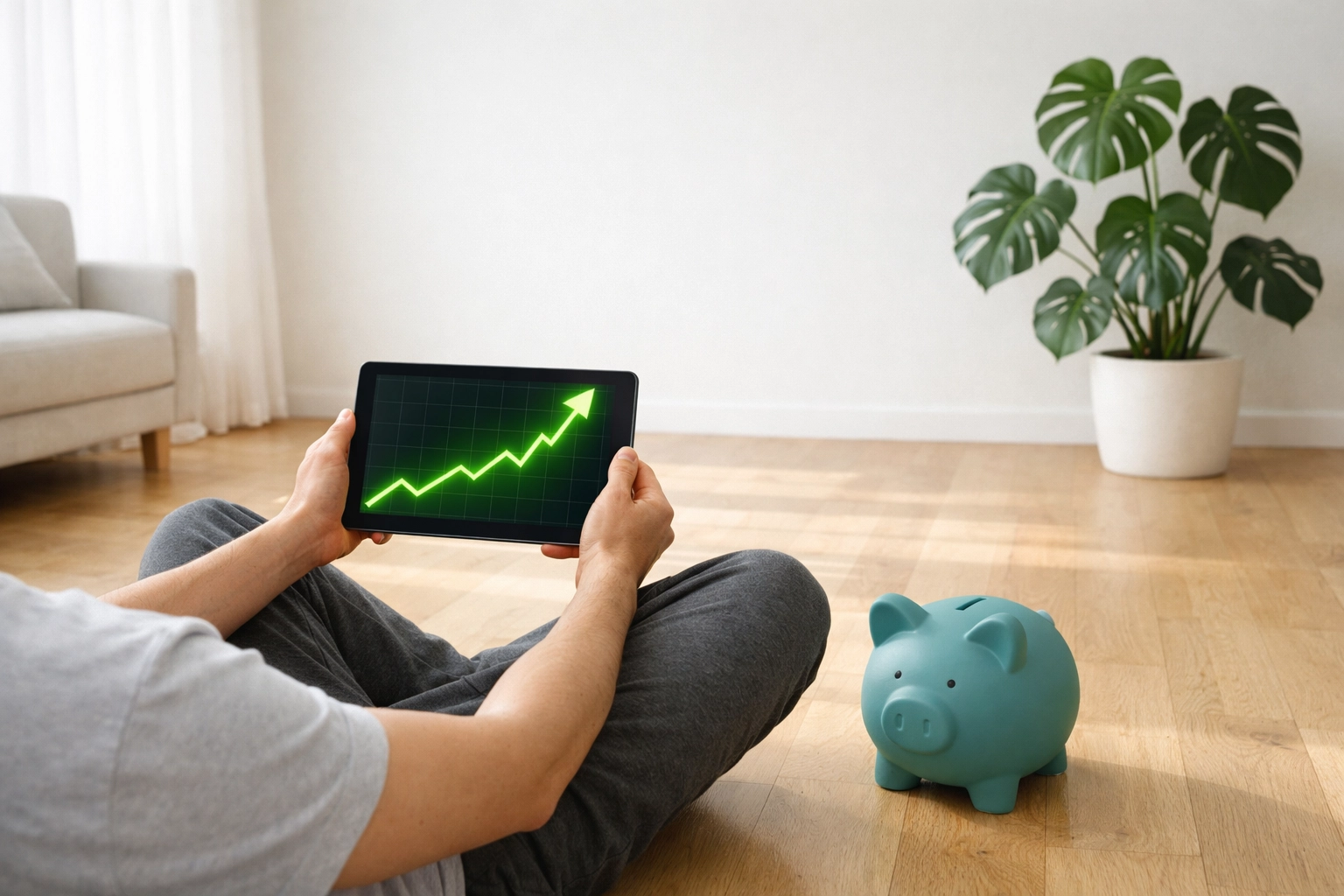 Person tracking their rising credit score on a tablet in a decluttered home during a No-Buy year reset.
