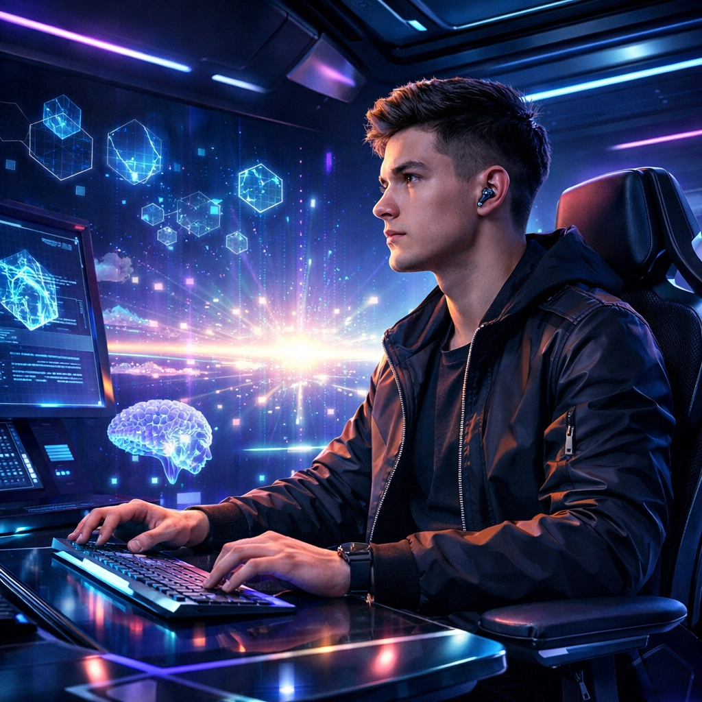 Gen Z professional in a high-tech simulation pod developing AI literacy and advanced cloud computing skills.