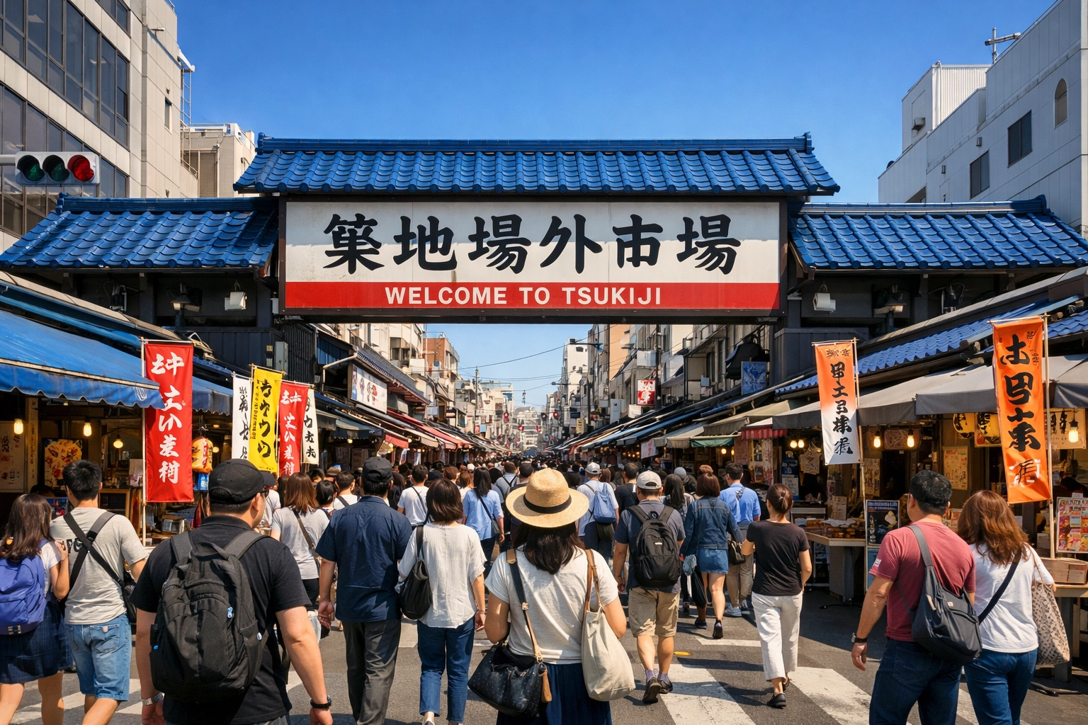 The vibrant entrance of Tokyo's Tsukiji Outer Market with traditional blue-tiled roofs and banners.