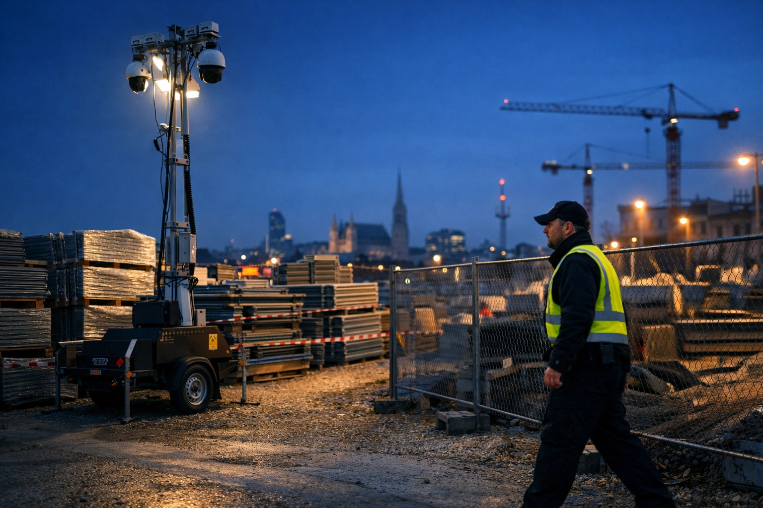 Professionelle Baustellenbewachung in Wien bei Dämmerung mit Überwachungsturm und Sicherheitsdienst.