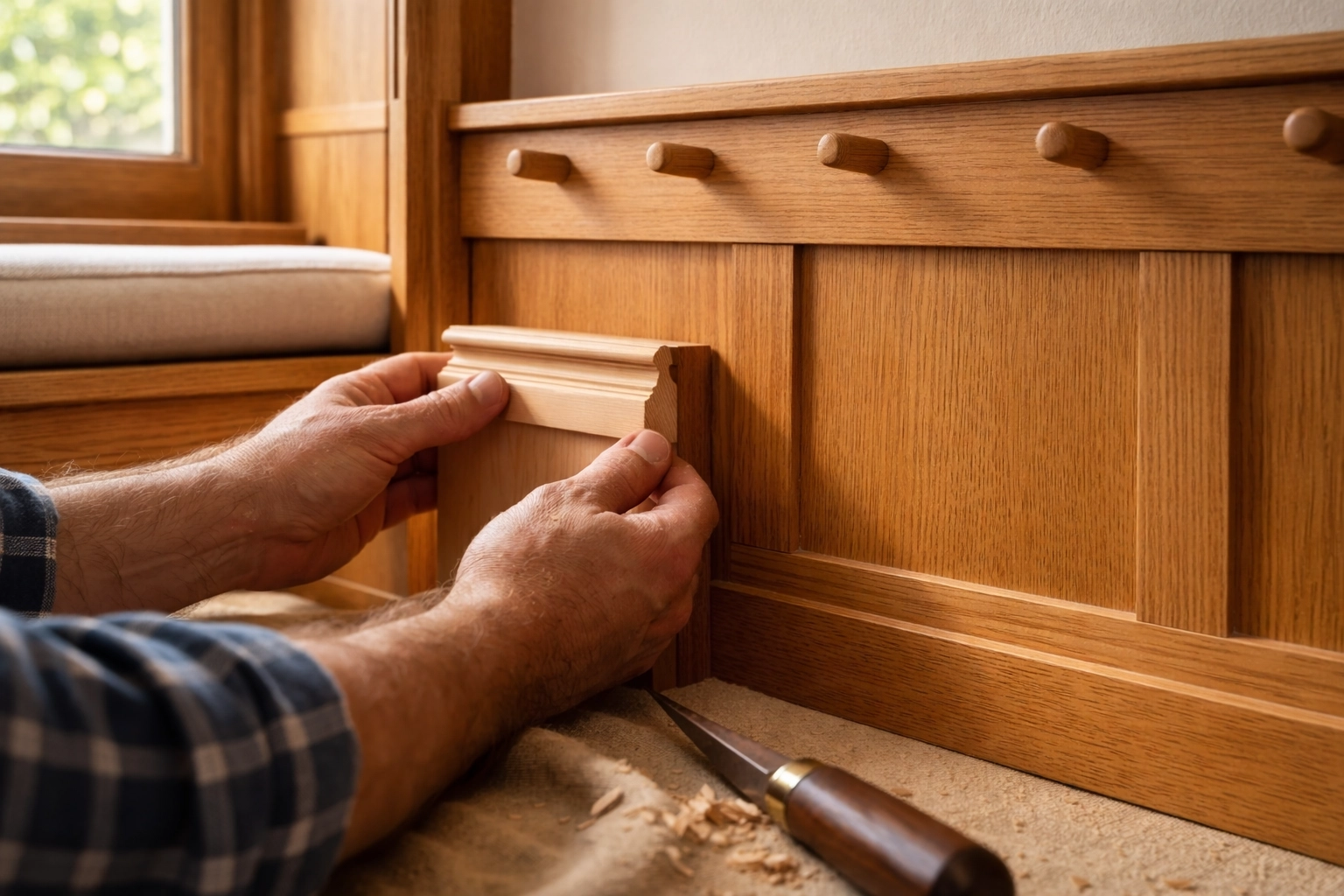 Detail of custom Craftsman bungalow millwork installation—built-ins and square-trim joinery crafted for longevity in a coastal Port Townsend home.