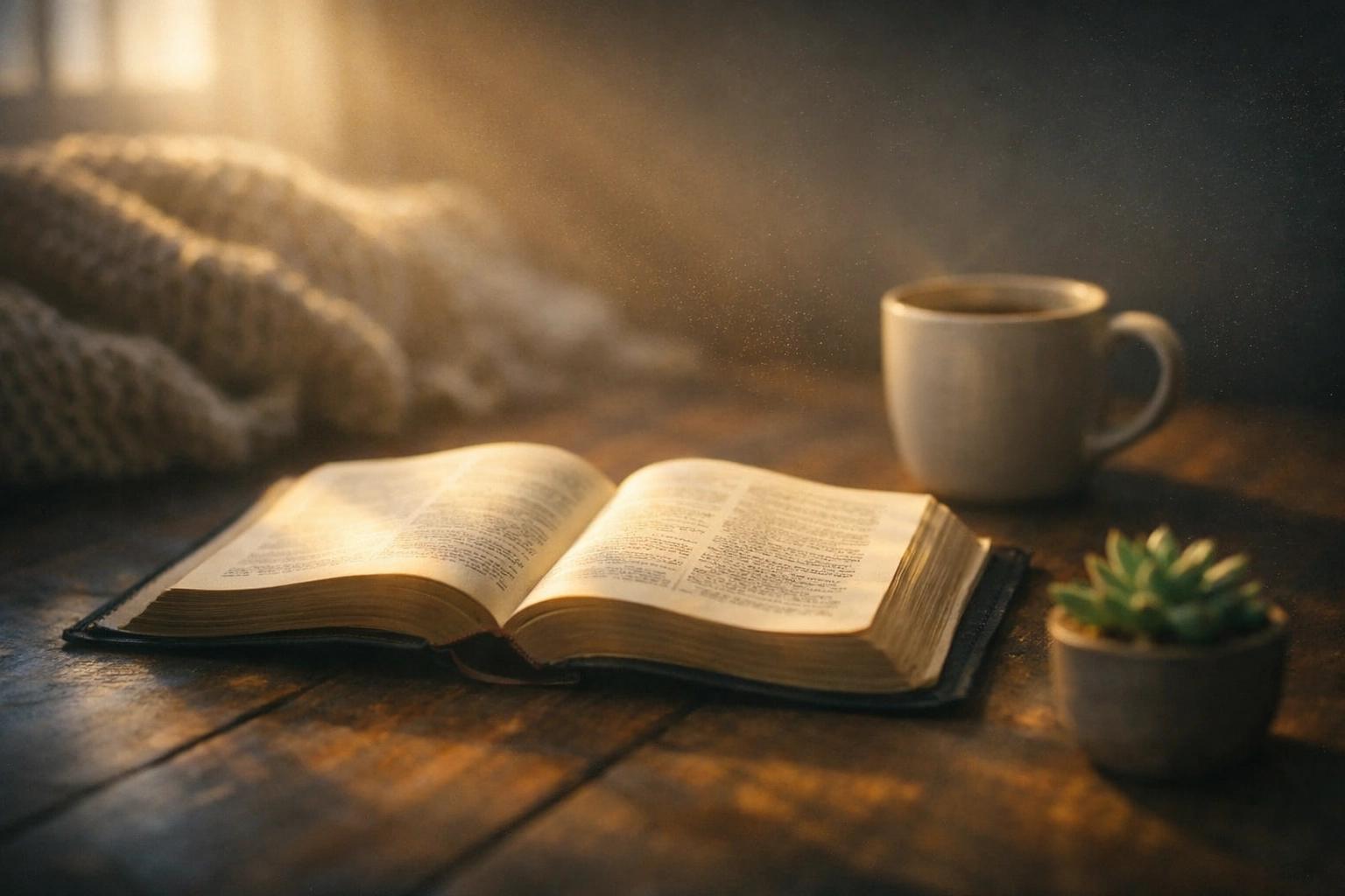 Open Bible on wooden table with coffee cup during morning devotional time