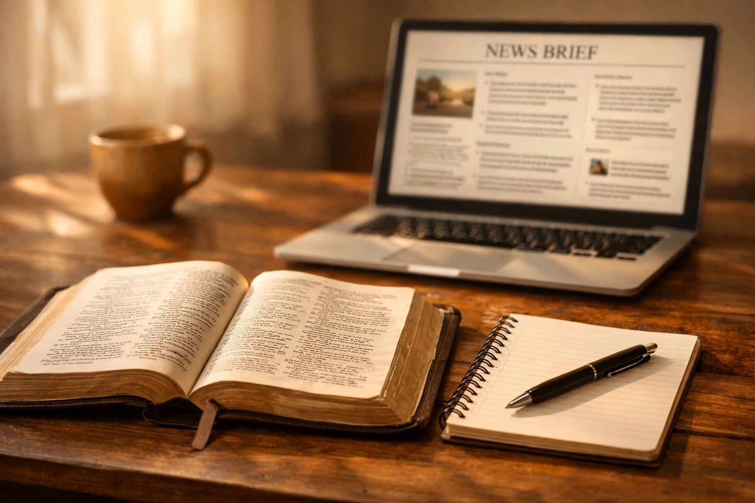 Open Bible beside laptop displaying news brief for faith-based reflection