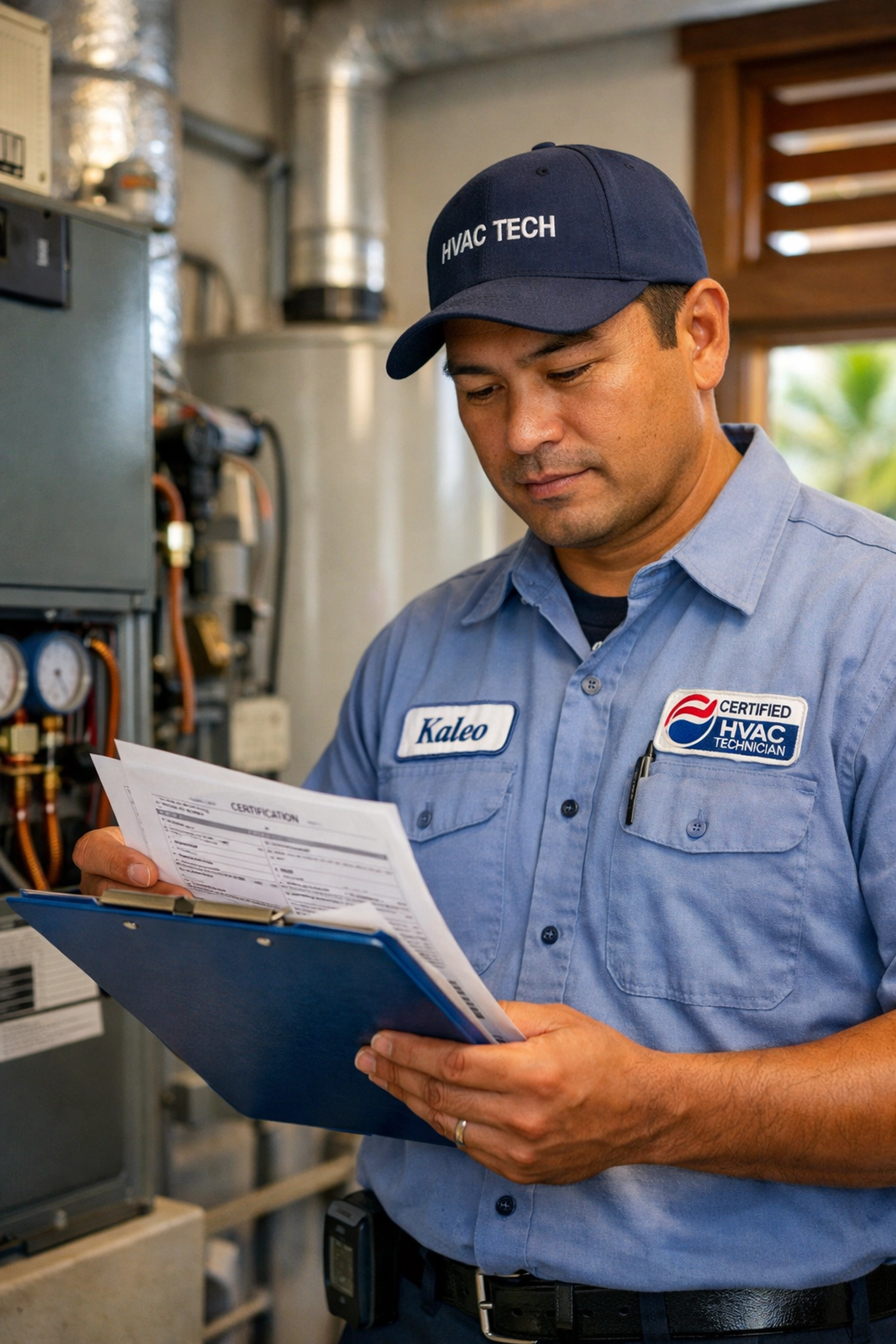 Licensed HVAC Maui technician reviewing certifications and AC system specifications