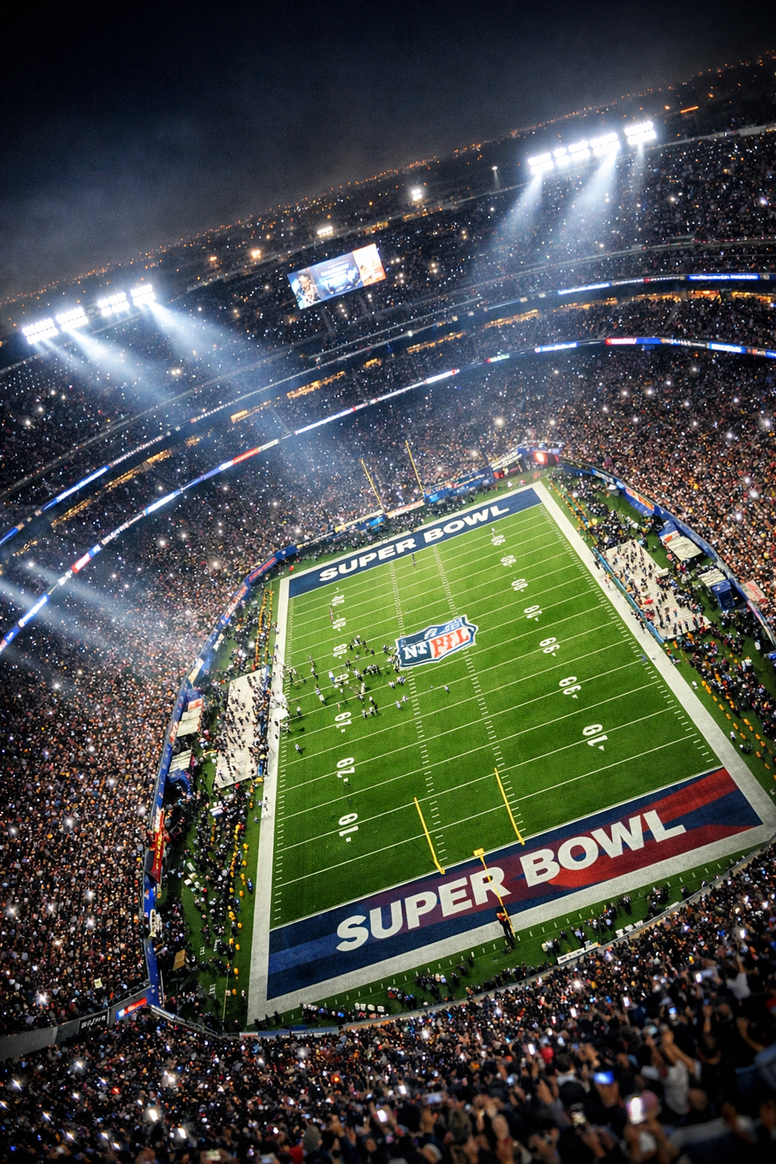 Wide-angle view of a packed NFL stadium at night, capturing the high-performance energy of the Super Bowl.
