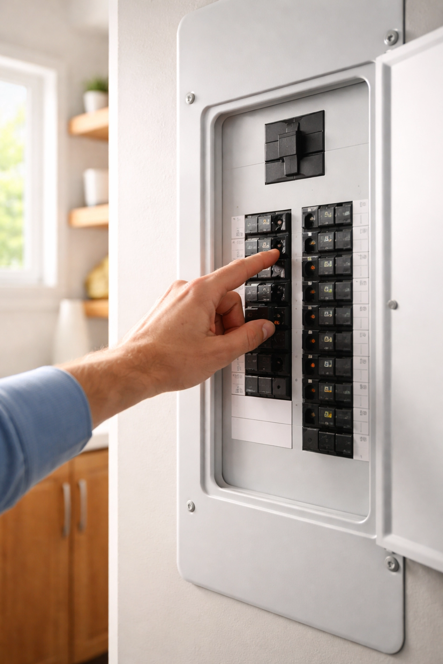 Homeowner reaching to reset a breaker on a contemporary panel, highlighting common power issues in Maine homes