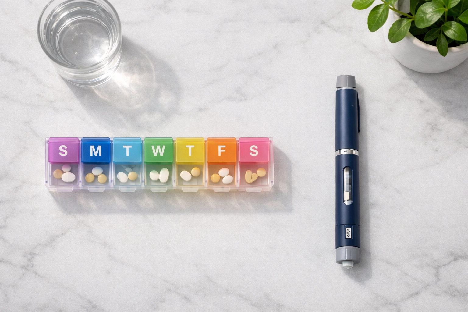 Daily oral pills vs weekly injection pen showing weight loss medication options