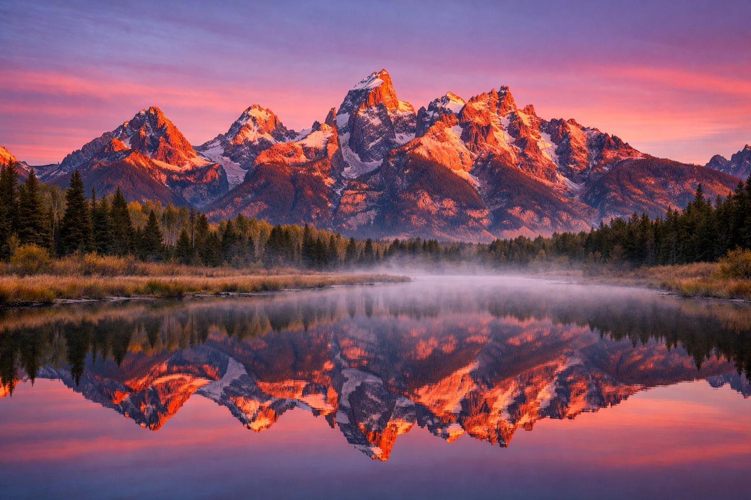 Sunrise at Grand Teton National Park reflecting in the Snake River, one of the best photography locations.