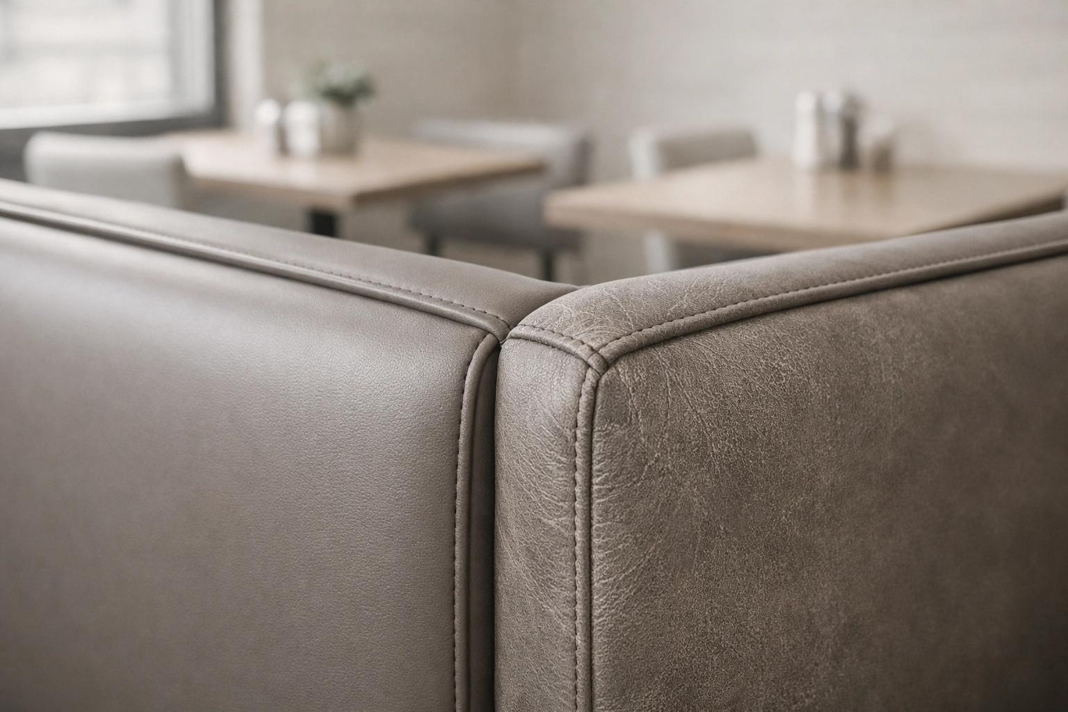 Close-up of a restaurant booth comparing worn commercial upholstery with a newly reupholstered seat corner.