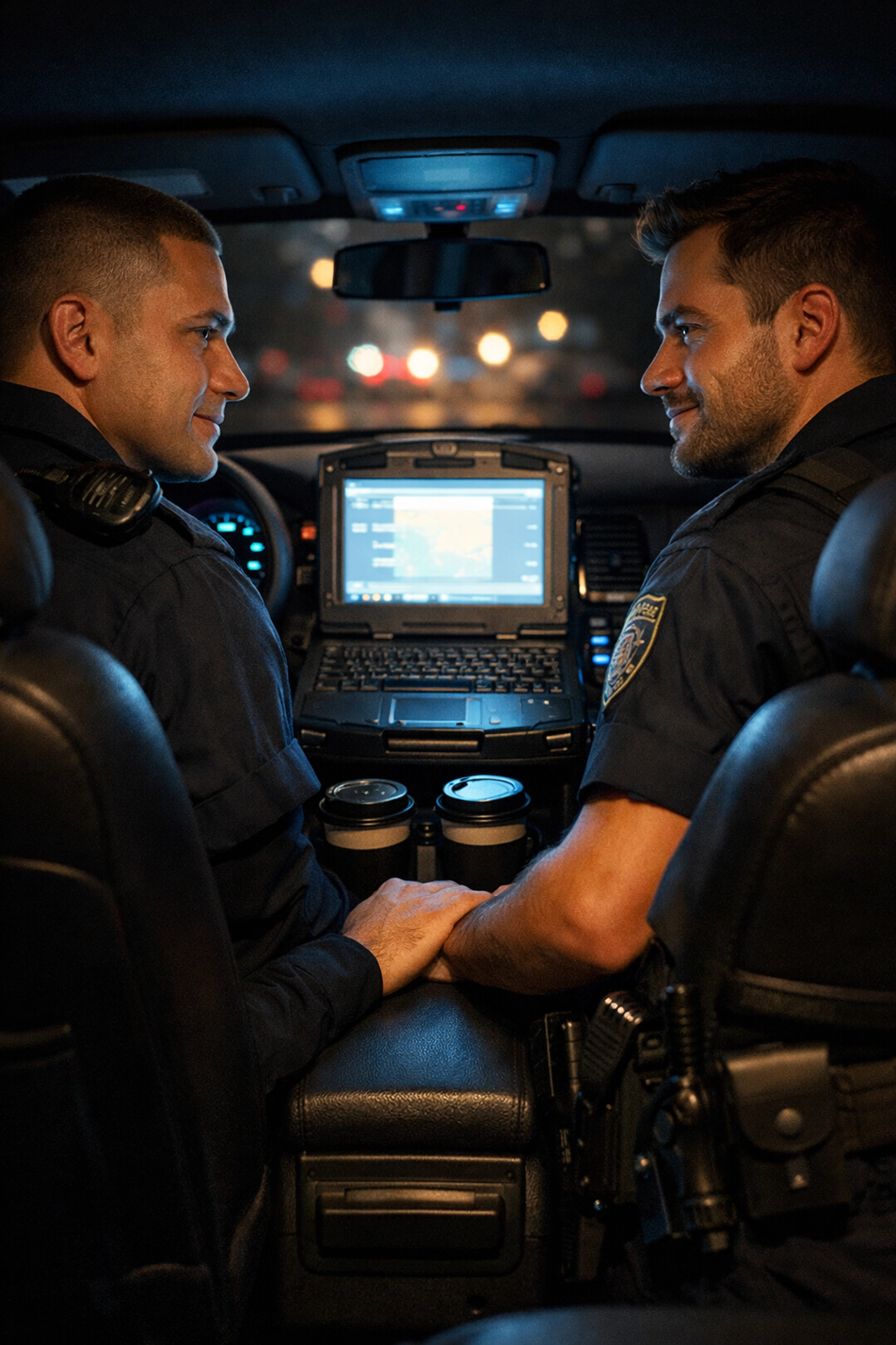 Patrol car interior with gay officers showing forced proximity trope in MM romance night shift