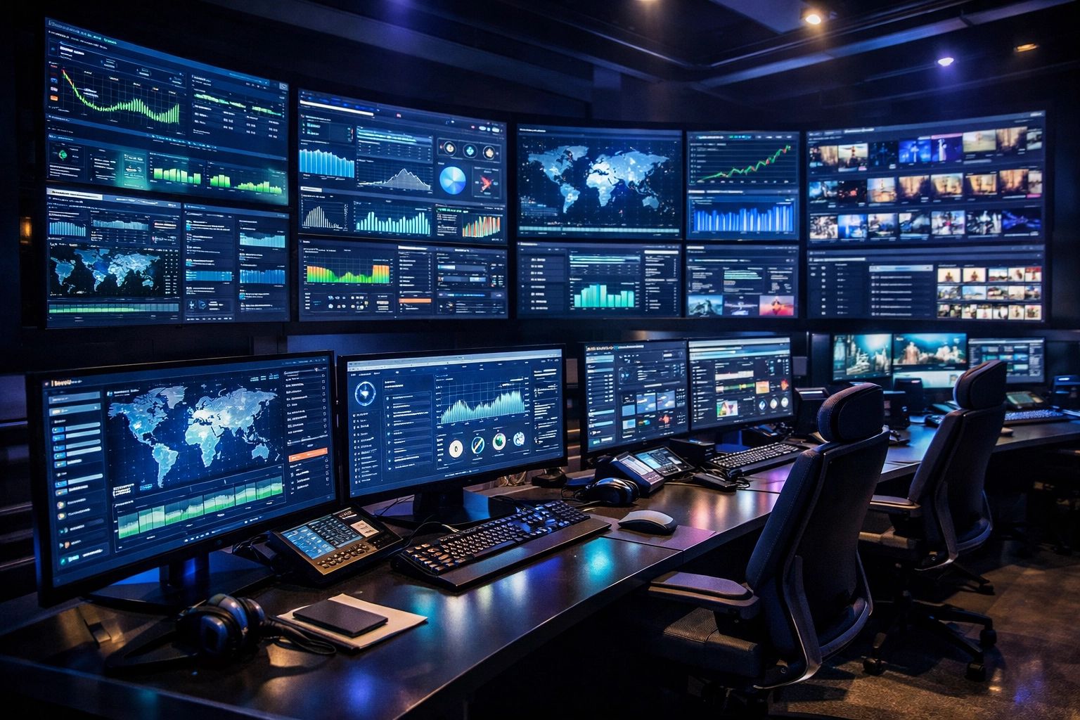 Modern technology operations center displaying multi-industry digital transformation dashboards