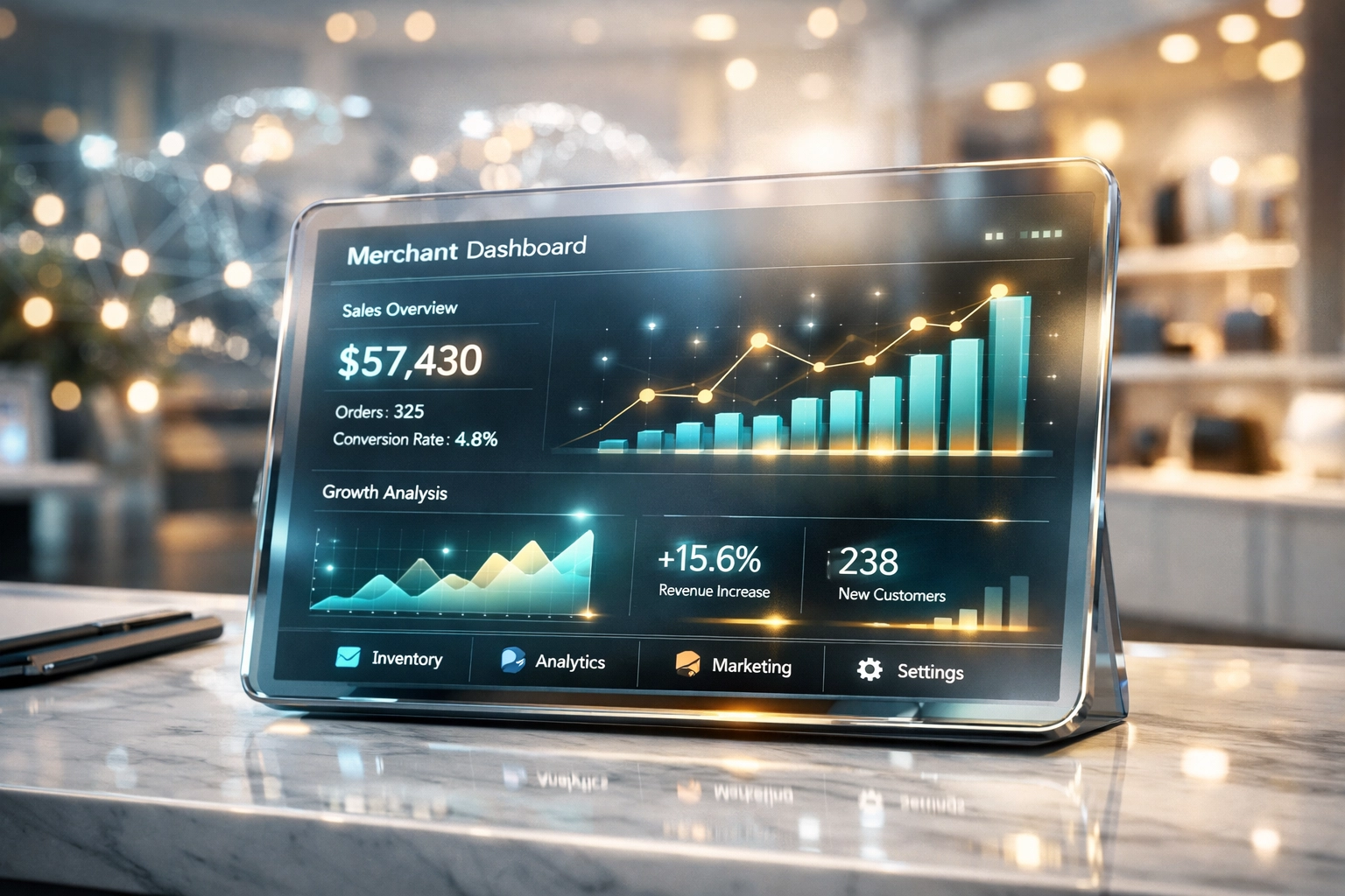 AI-powered Larecoin merchant dashboard showing real-time global Web3 transaction data and sales analytics.