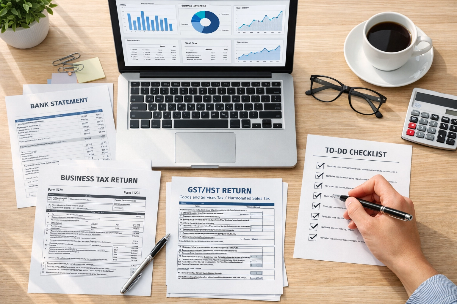 Organized business loan documentation including bank statements, tax returns, and application checklist