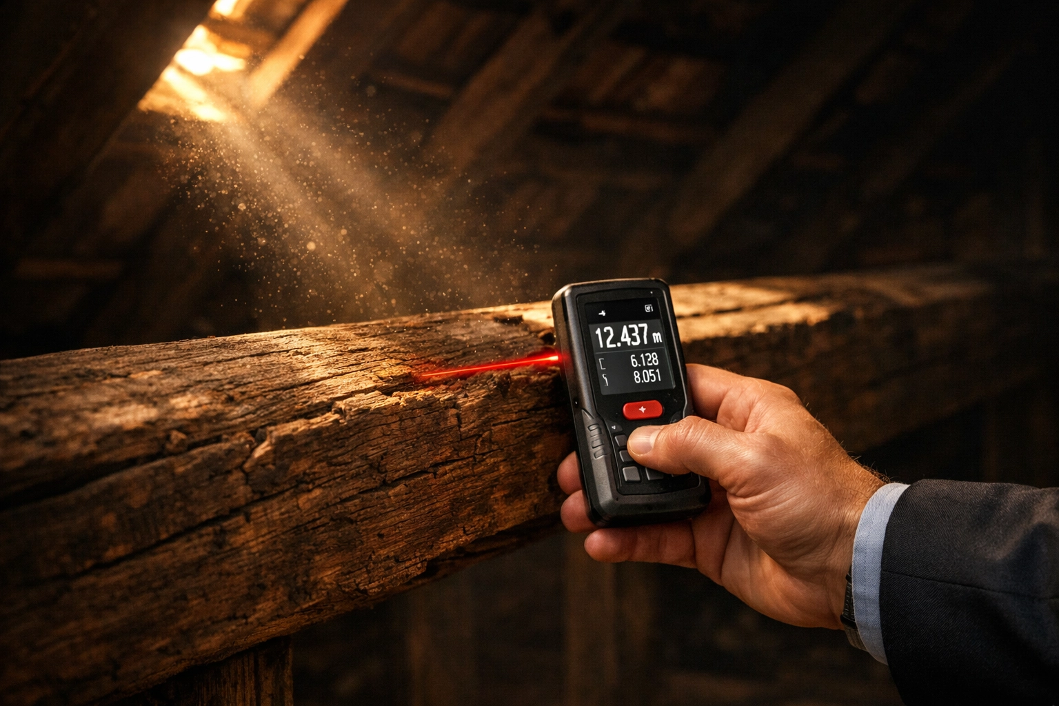 Measuring attic head height with a laser tool for a West Sussex loft conversion.