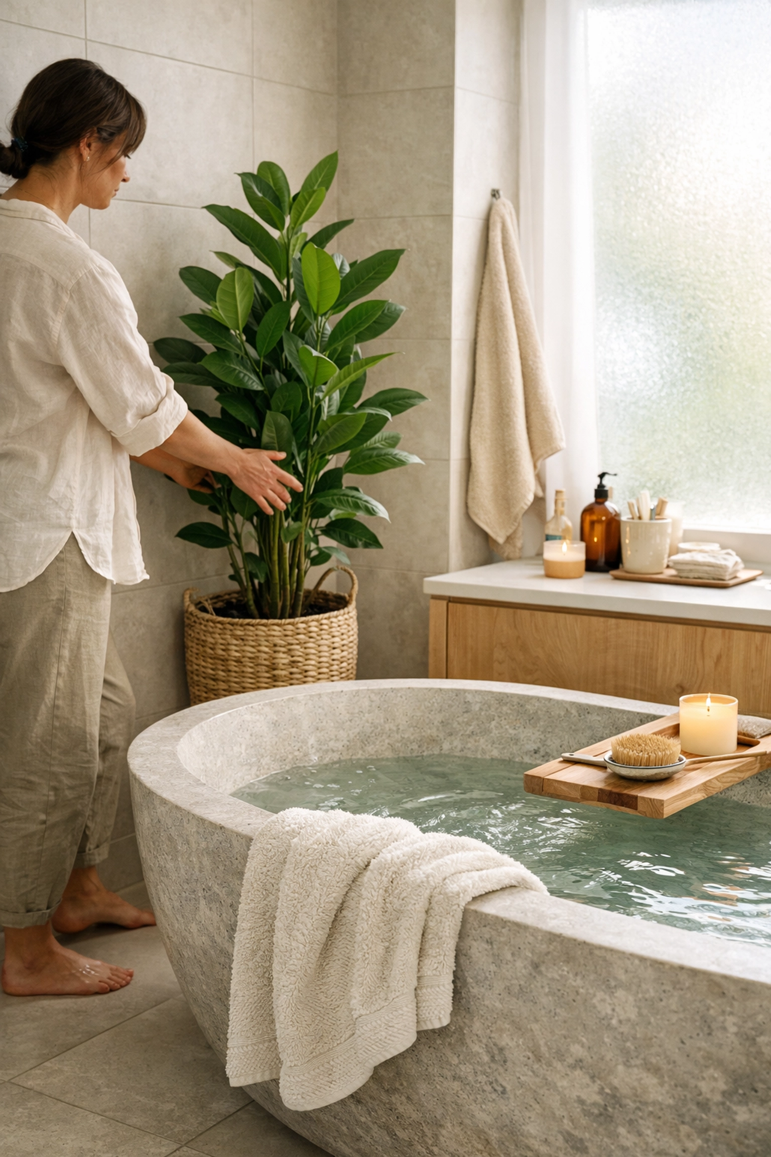 Contemporary bathroom styling with a freestanding tub and decorative indoor plant.