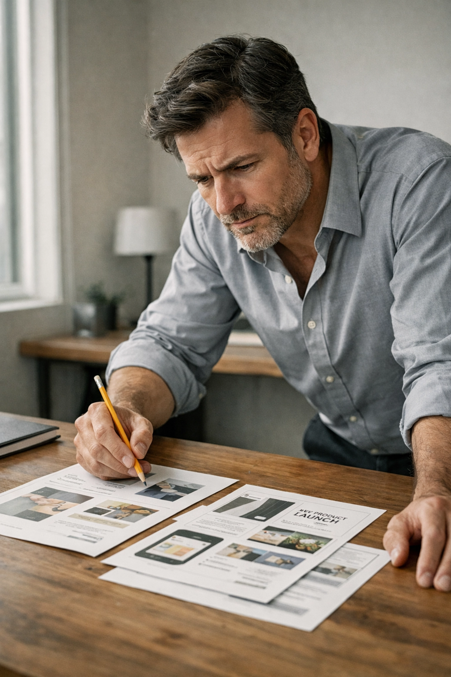A marketing professional reviewing AI-generated content drafts at a desk to ensure brand quality.