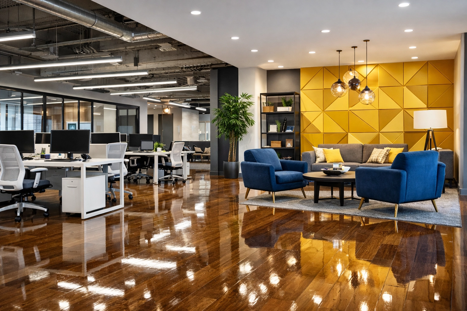 Polished hardwood floors in a modern multi-zone office space highlighting expert commercial cleaning.