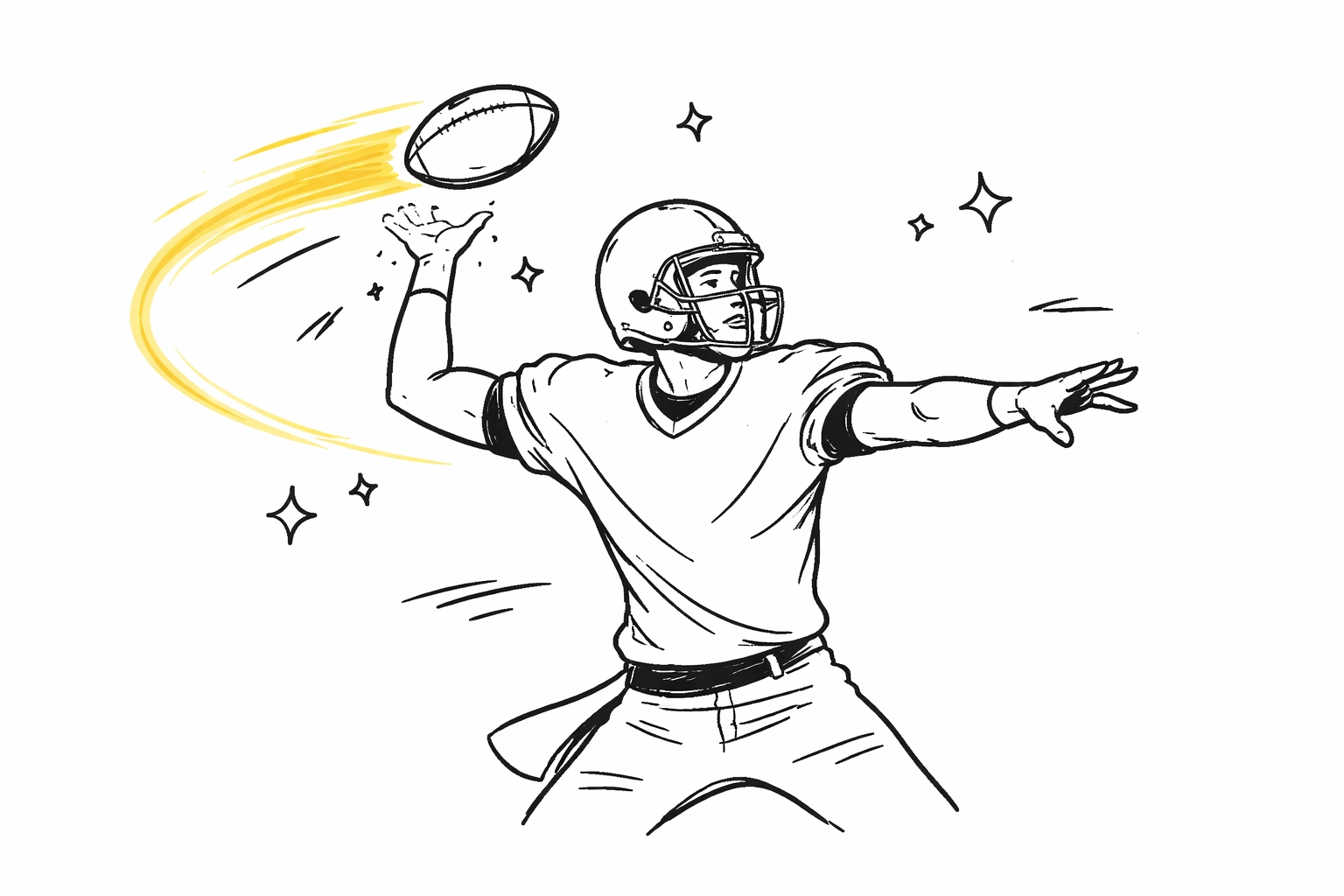 Hand-drawn quarterback launching a football, representing authentic expertise for SEO content success in 2026