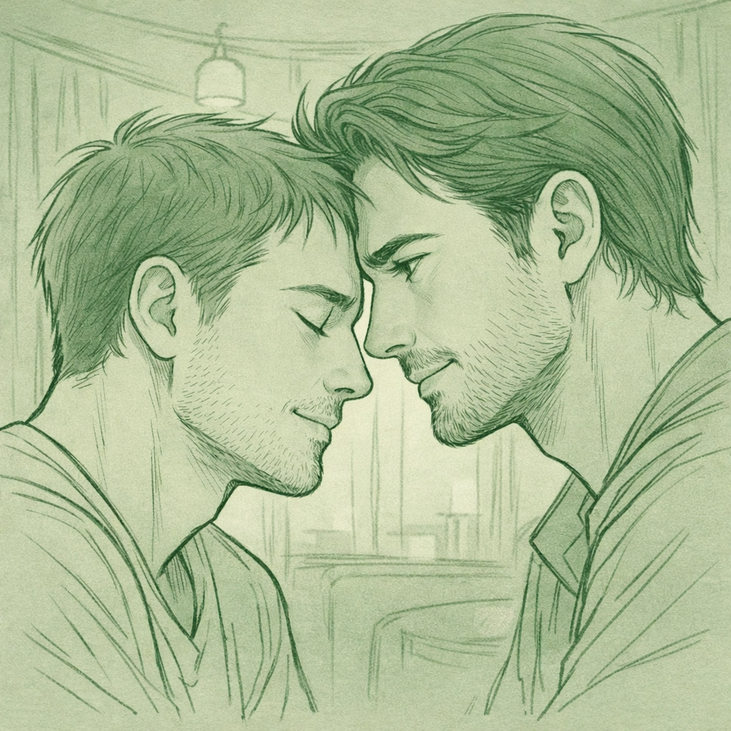 Two men in intimate embrace showing trust and vulnerability in gay love story