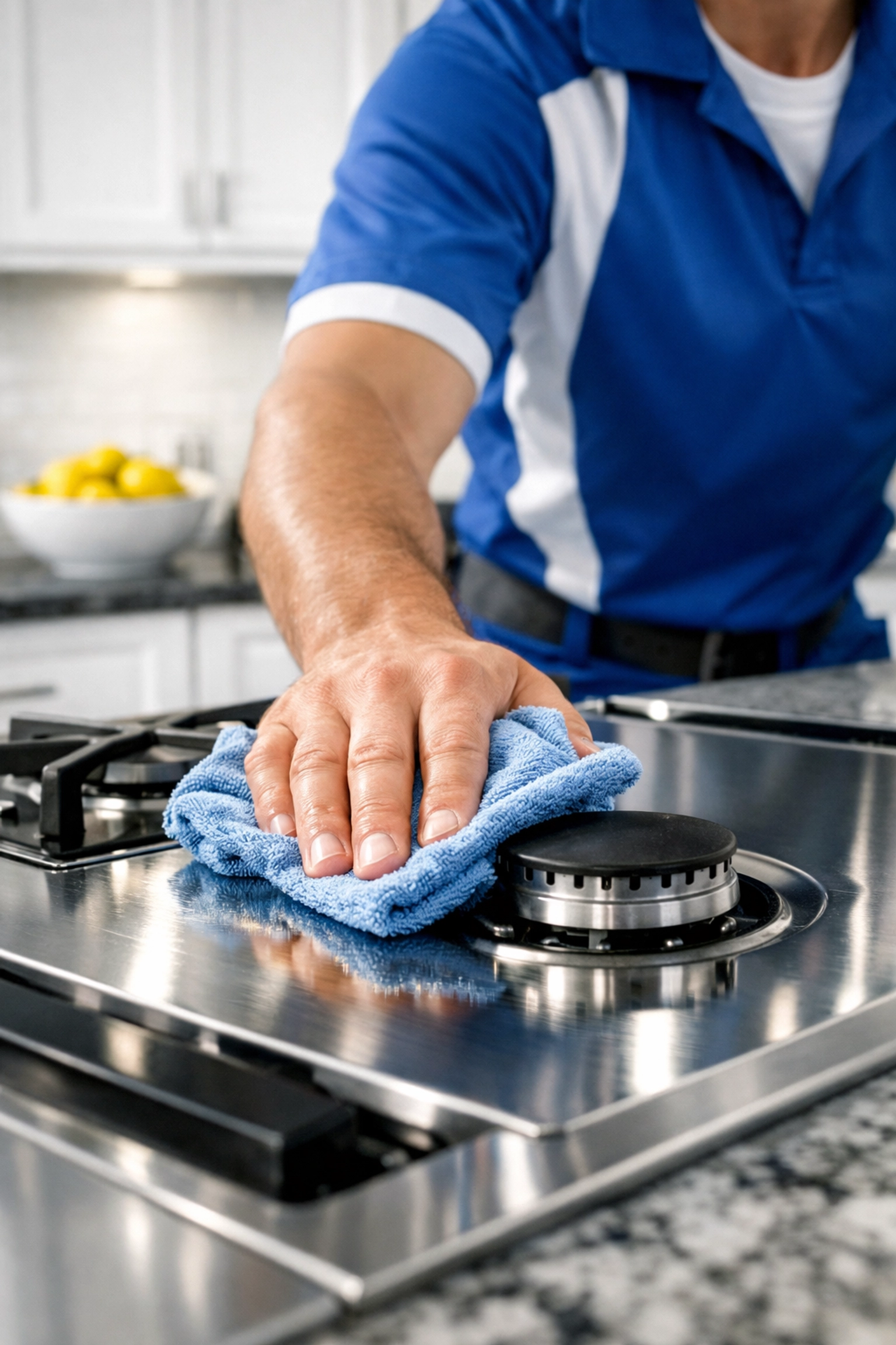 Professional cleaner polishing a kitchen stovetop during an apartment cleaning in Boston visit.