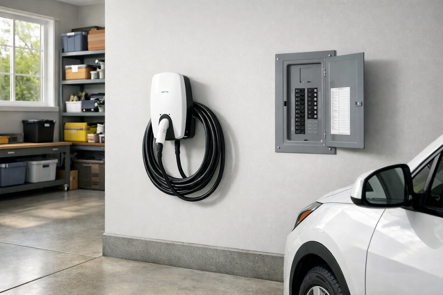 Level 2 EV charger installed in garage near electrical panel in Portland Maine home