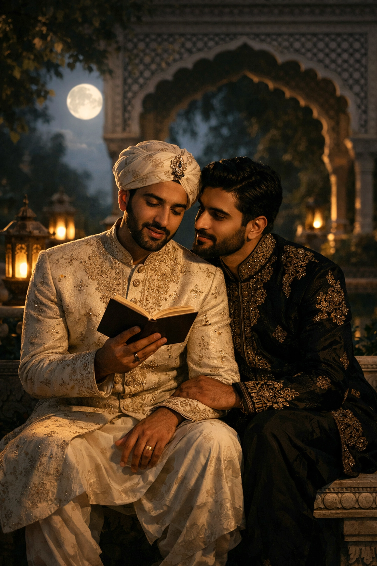 Two South Asian men in traditional attire sharing a romantic moment in a garden, reflecting gay historical romance roots.