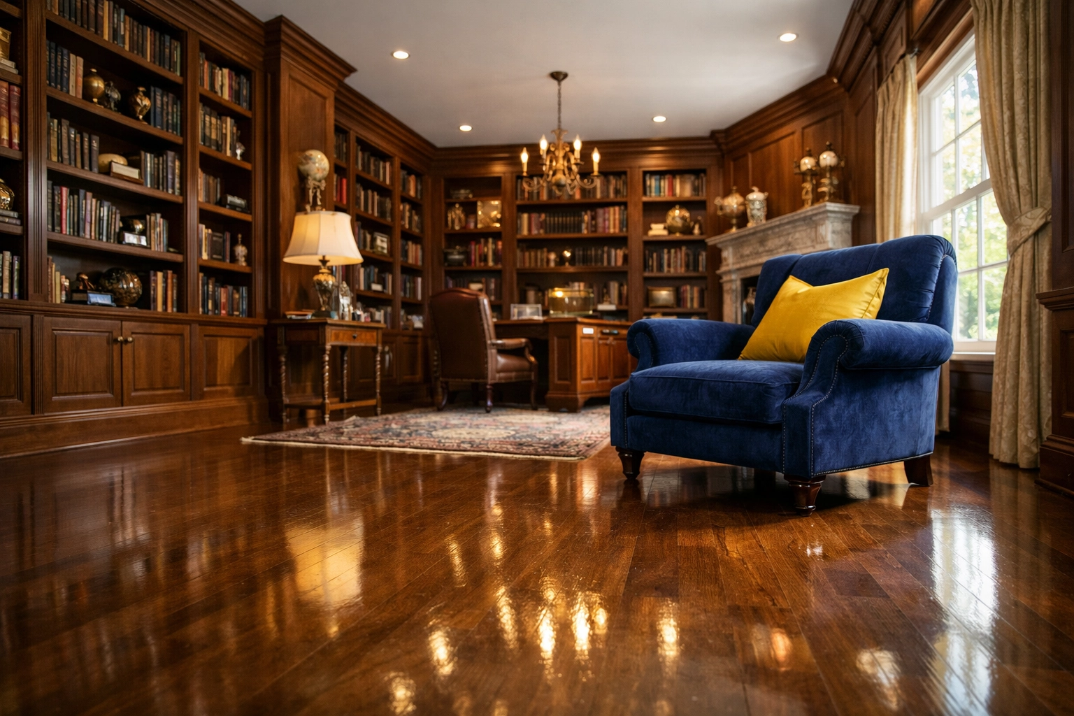 Dust-free luxury home library in a Sudbury residence with polished floors and allergen-free air.