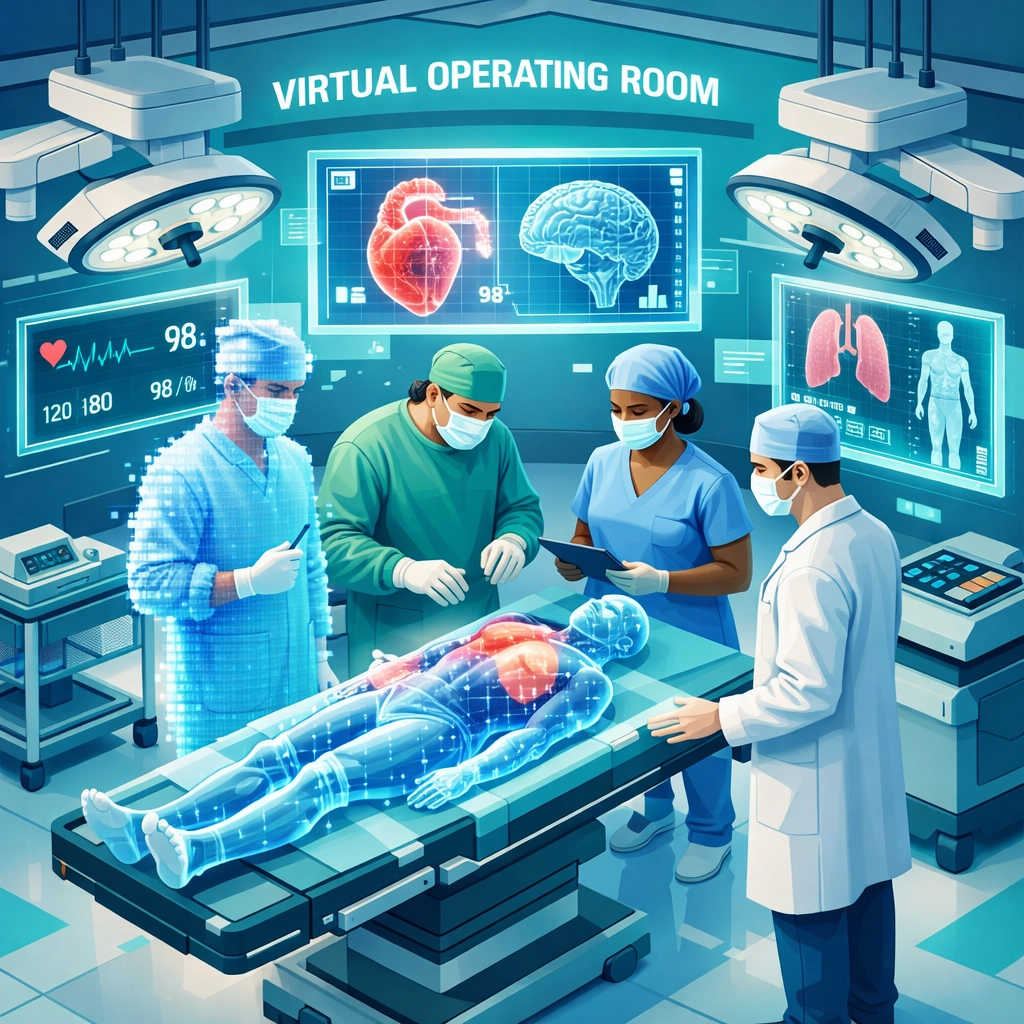 Medical team avatars collaborating on a patient in a multi-user VR surgical simulation for communication training.