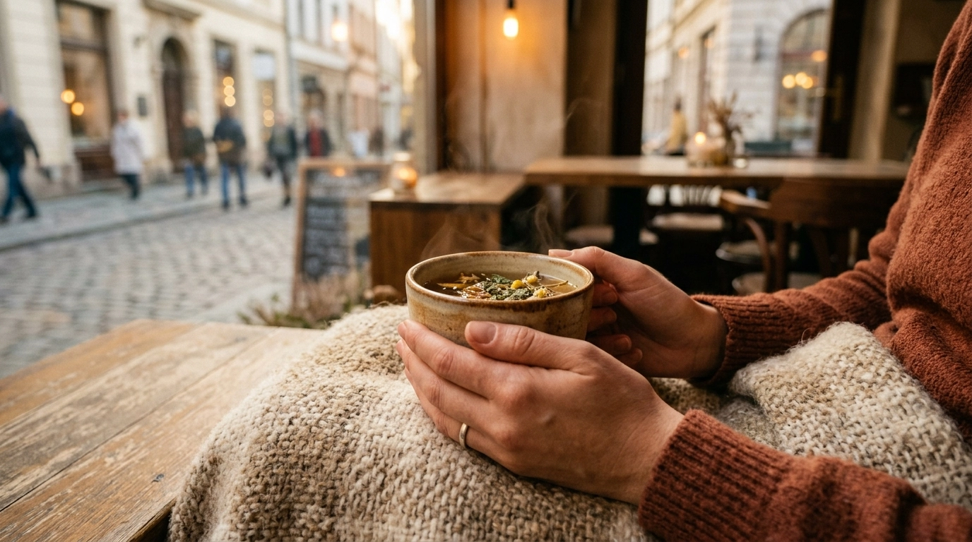 A person resting with tea, a quiet moment of pacing during travel