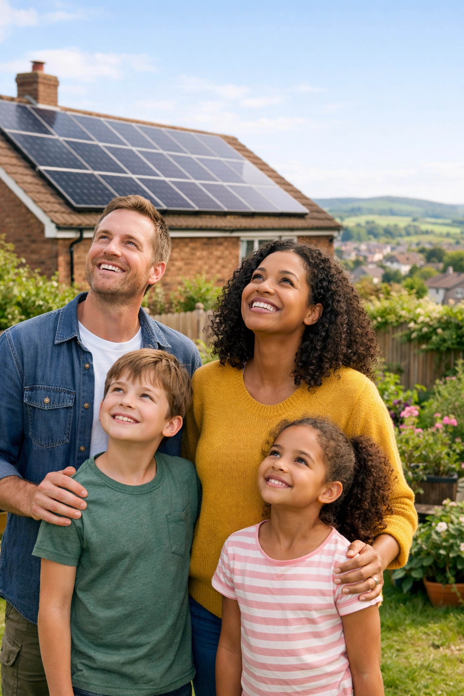 A British family smiling at their home fitted with renewable energy solar panels.