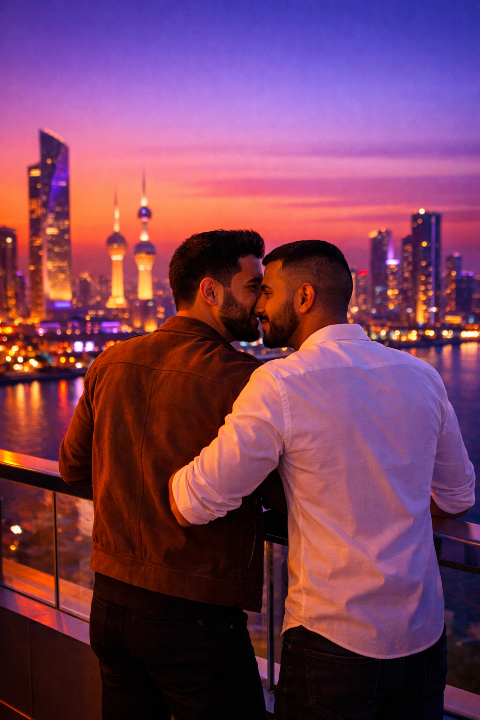 Modern gay men from the Middle East standing on a balcony at twilight, symbolizing resilience and love.
