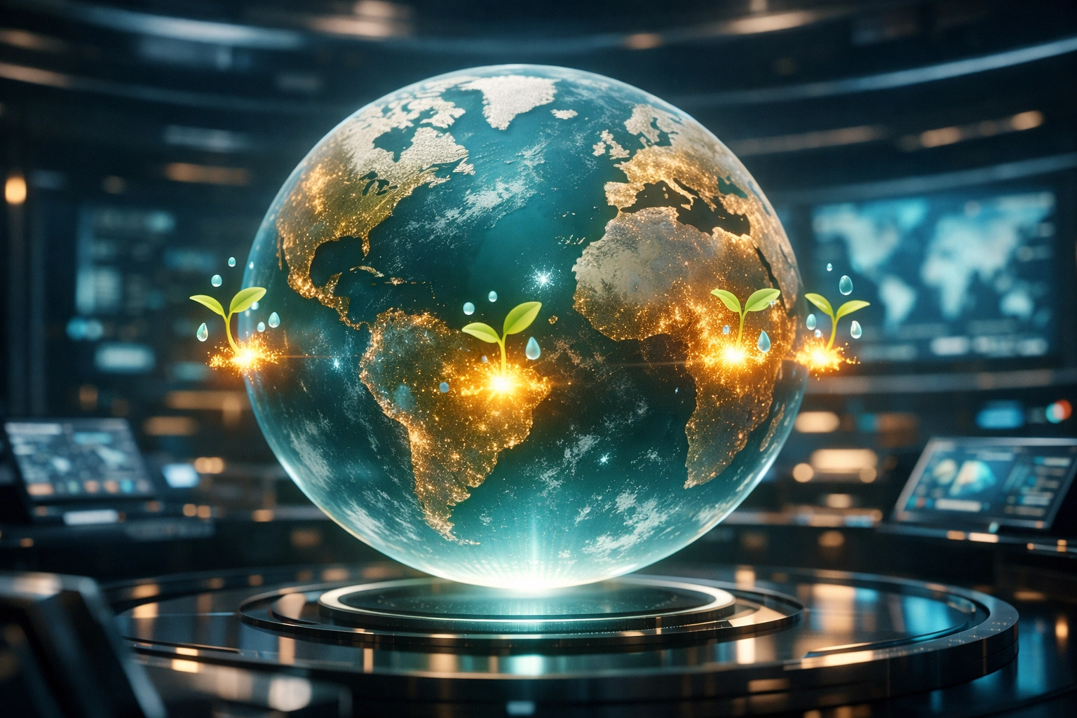 Digital globe highlighting Larecoin blockchain-funded social impact projects across four continents.