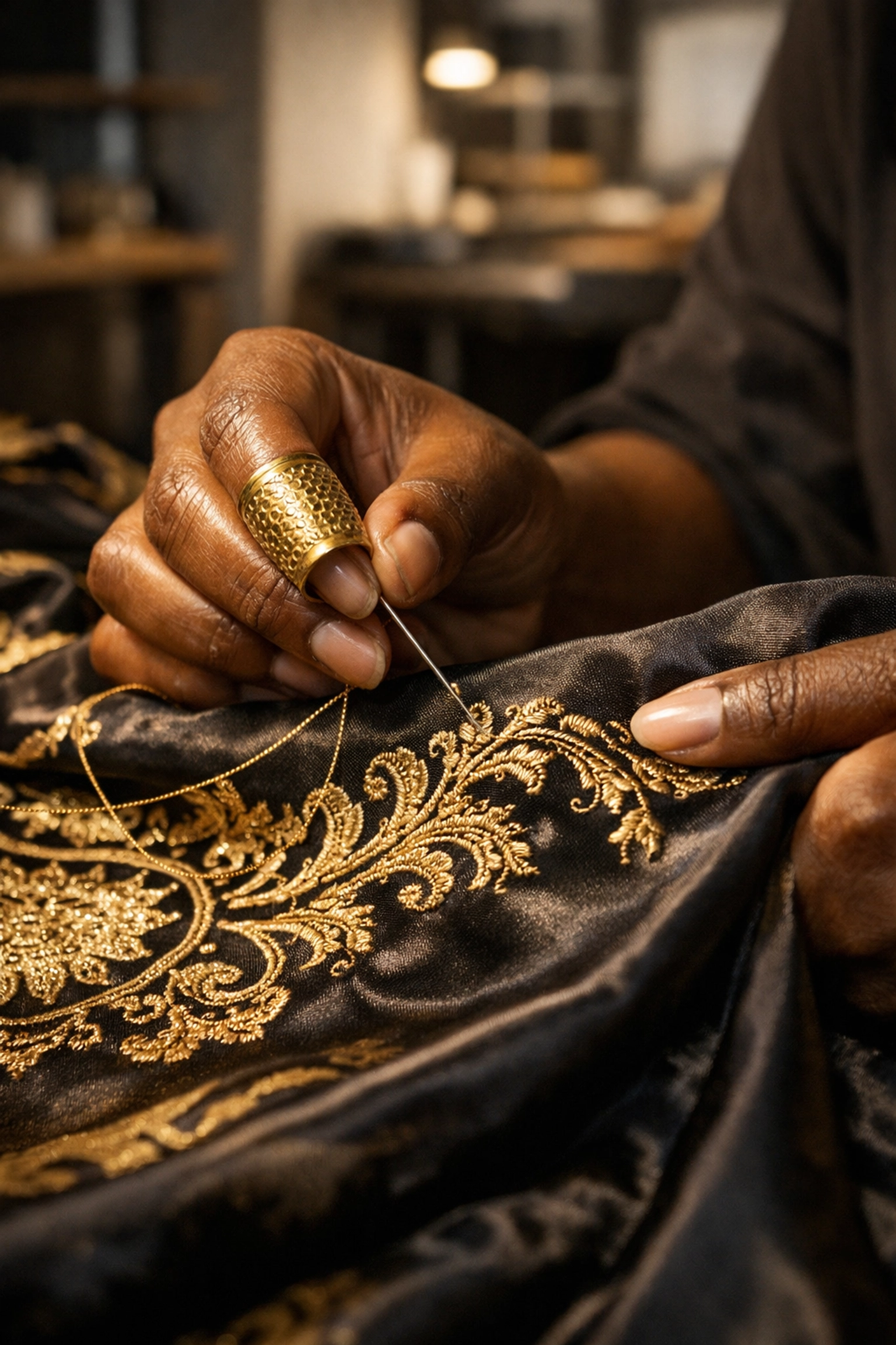Black artisan sewing gold embroidered fabric, representing the legacy of pioneer seamstresses and the Buyblack movement.