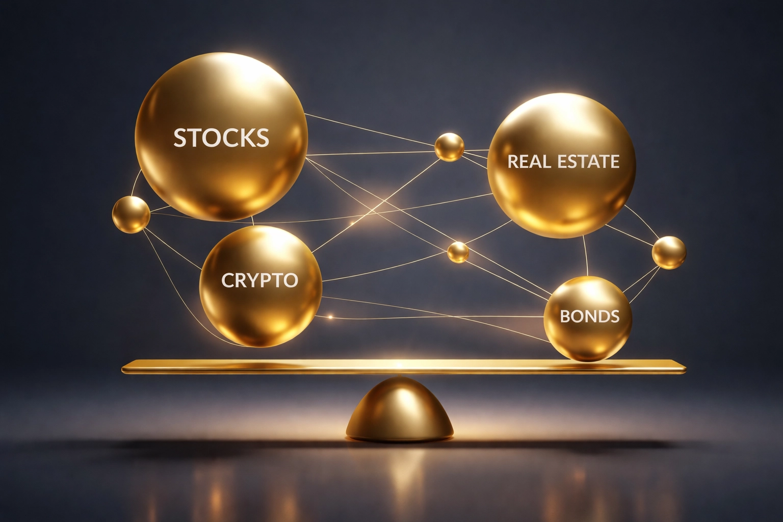 Balanced portfolio illustration with gold spheres representing diversified asset classes for accredited investors