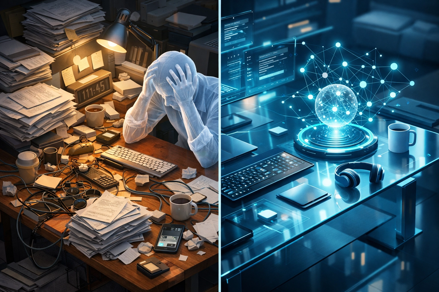 Vergleich zwischen manuellem Papierchaos und effizienter Business Automation im Büro.