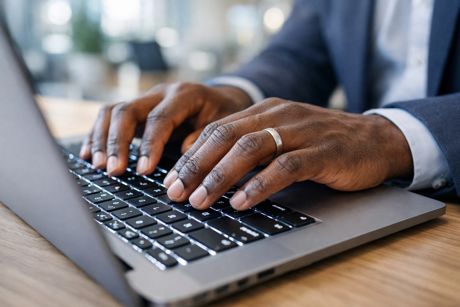 Close-up of a business professional securely submitting digital tax filings and IRS compliance forms.