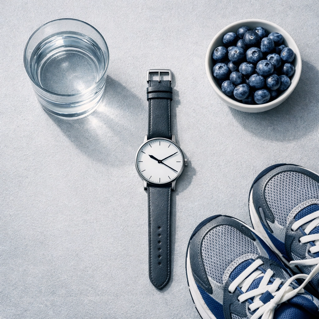 Flat lay of daily routine anchors like a watch and shoes used in social rhythm therapy tune-ups.