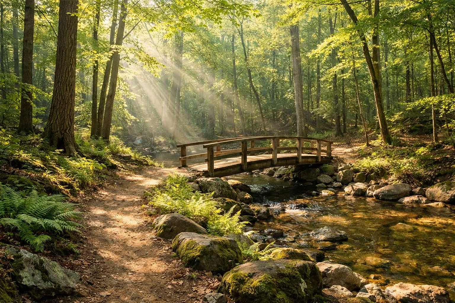 Scenic hiking trail with a wooden bridge over a creek in Prince William Forest Park, Virginia.