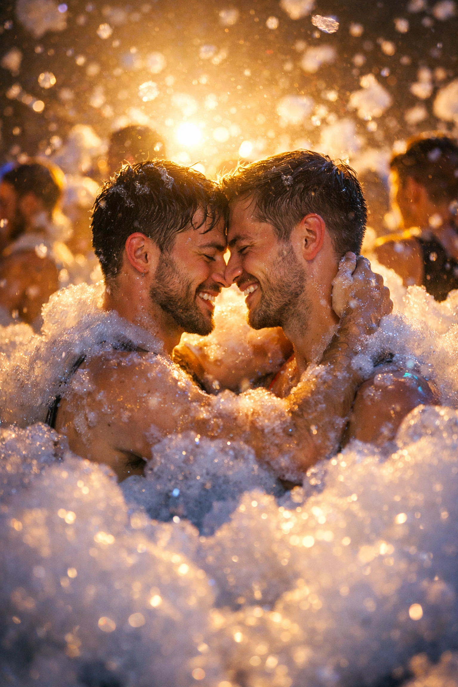 Two gay men dancing intimately surrounded by foam at LGBTQ+ party
