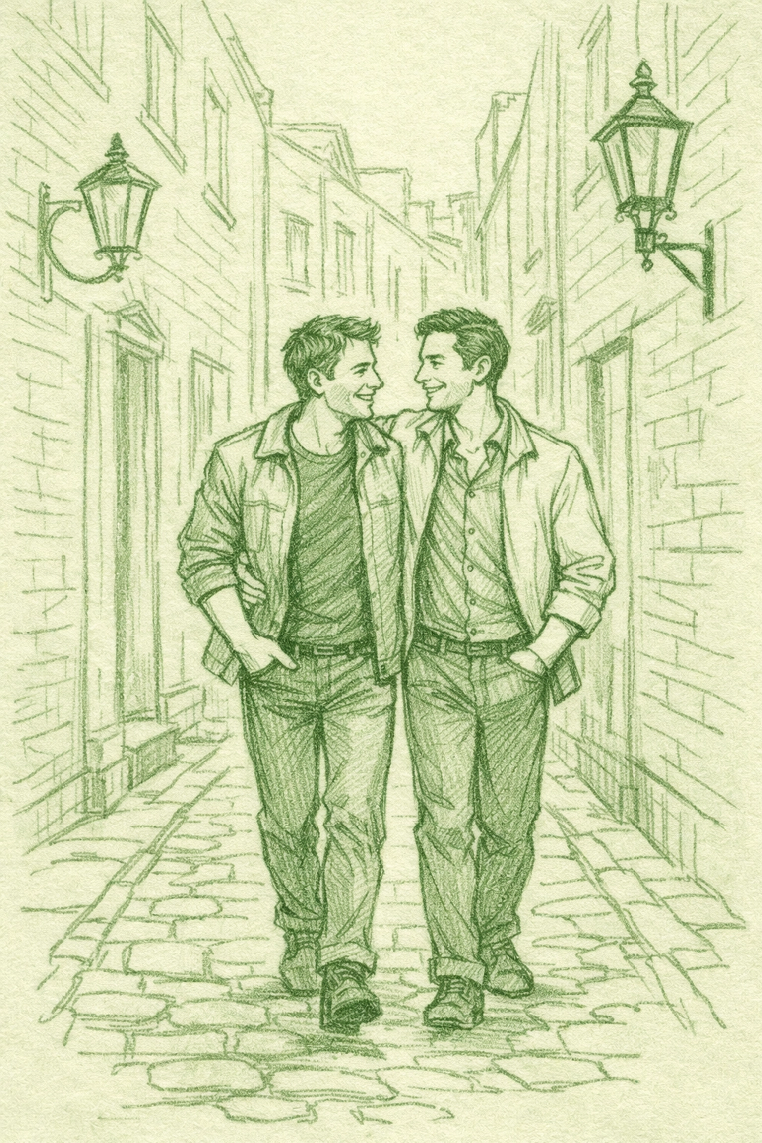 A gay couple walking arm-in-arm through Soho, highlighting the settings of gay historical romance.
